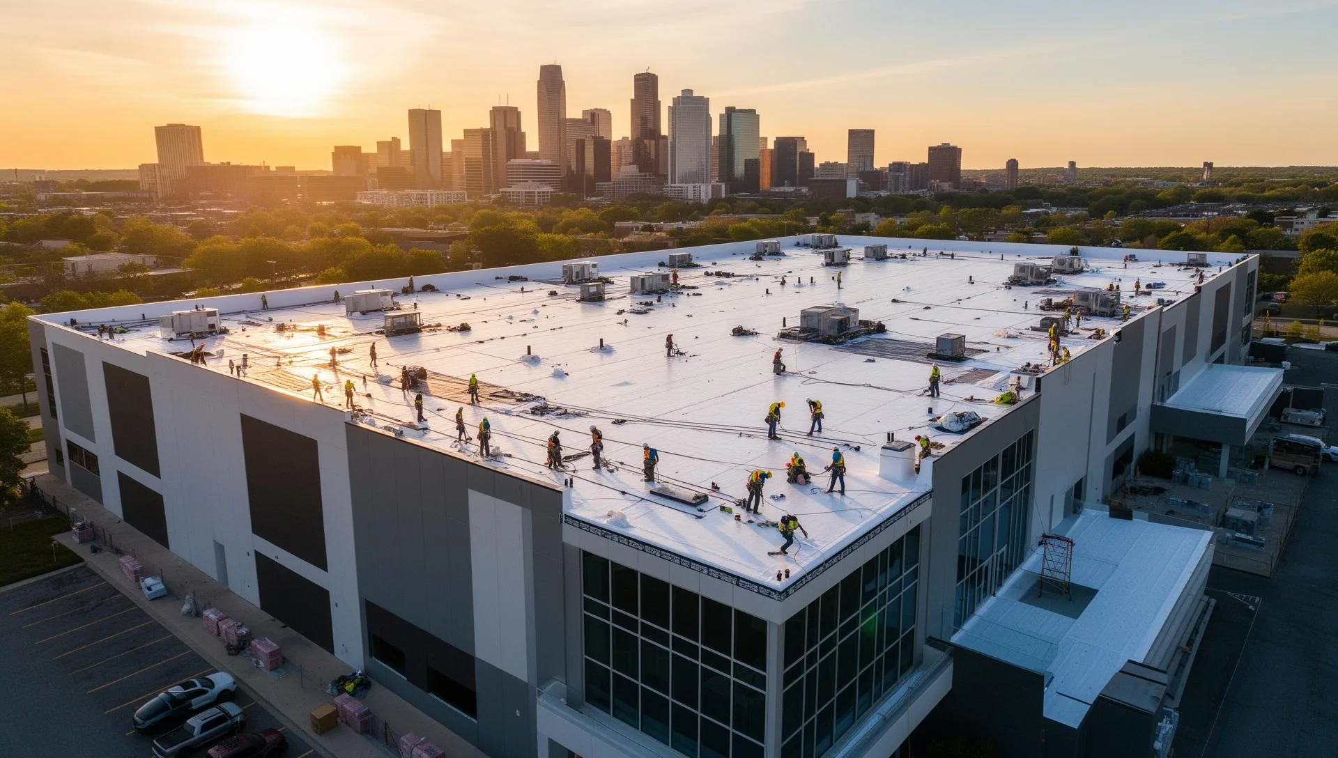 Commercial roofing contractor crew installing a flat roof on a large commercial building